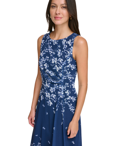 Shop Dkny Women's Printed Sleeveless Side-ruched Dress In Blue