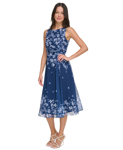 Shop Dkny Women's Printed Sleeveless Side-ruched Dress In Blue
