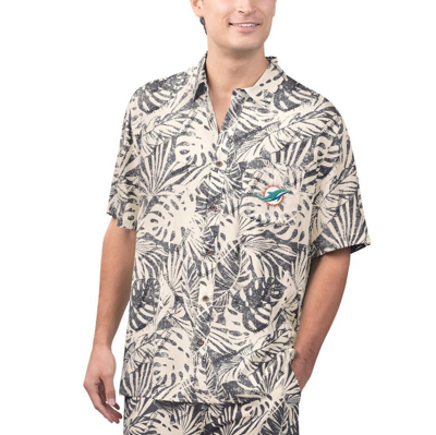 Shop Margaritaville Tan Miami Dolphins Sand Washed Monstera Print Party Button-up Shirt In Cream