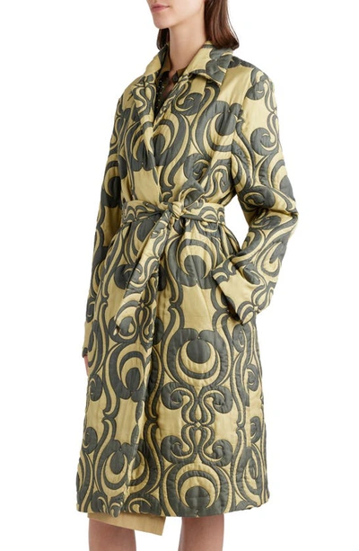 Shop Dries Van Noten Roltas Abstract Swirl Quilted Cotton & Silk Blend Trench Coat In Khaki 606