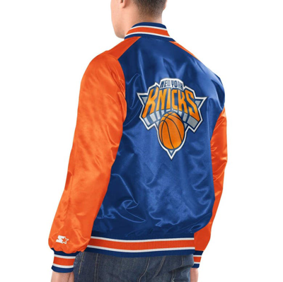 Shop Starter Blue/orange New York Knicks Renegade Satin Full-snap Varsity Jacket