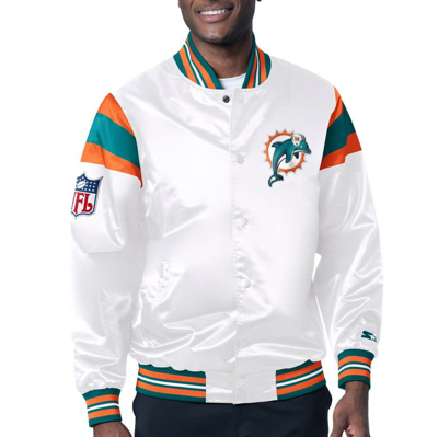 Shop Starter White/aqua Miami Dolphins Vintage Satin Full-snap Varsity Jacket