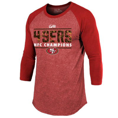 Majestic Men's  Threads Scarlet San Francisco 49ers 2023 Nfc Champions Tri-blend Raglan 3/4-sleeve T- In Scarlet