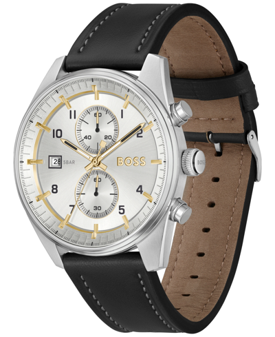 Hugo Boss Pilot-inspired Chronograph Watch With Black Leather Strap Men's Watches In Black Leather