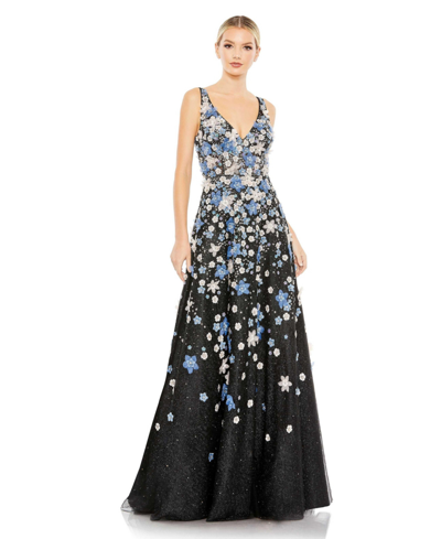 Shop Mac Duggal Women's Floral Applique Sleeveless A-line Evening Gown In Black Multi