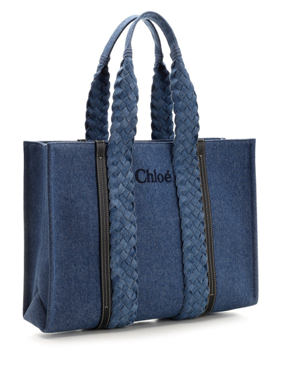 Shop Chloé Medium Woody Denim Tote Bag In Blue