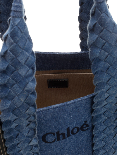 Shop Chloé Medium Woody Denim Tote Bag In Blue