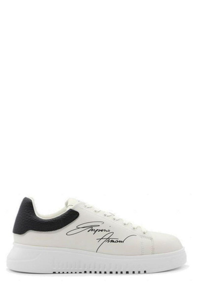 Shop Emporio Armani Signature Logo-printed Low-top Sneakers In Off Wht+black
