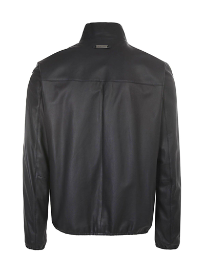 Shop Emporio Armani Zip-up Long Sleeved Leather Jacket In Blu
