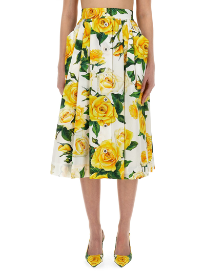 Shop Dolce & Gabbana Flower Print Full Skirt In Bianco