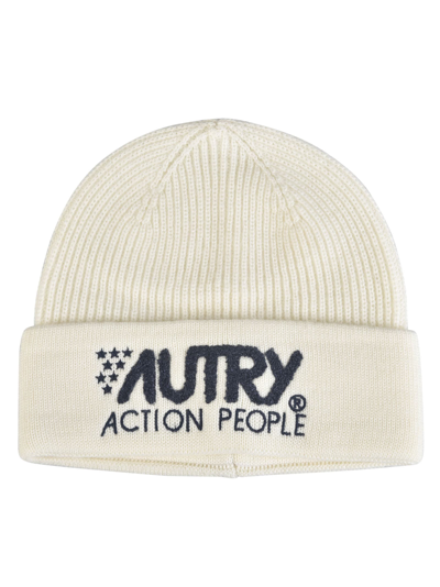 Shop Autry Sporty Wool Logo Embroidered Beanie In Bianco
