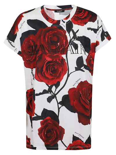 Shop Balmain Vintage Red Roses Print T-shirt In Bianco E Rosso