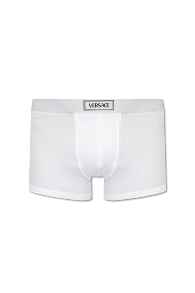 Shop Versace 90s Logo-waistband Stretched Boxer Briefs In Bianco