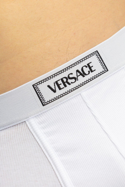 Shop Versace 90s Logo-waistband Stretched Boxer Briefs In Bianco