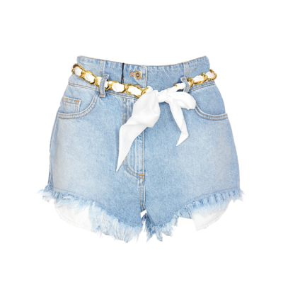 Shop Elisabetta Franchi Denim Shorts With Belt In Light Blue