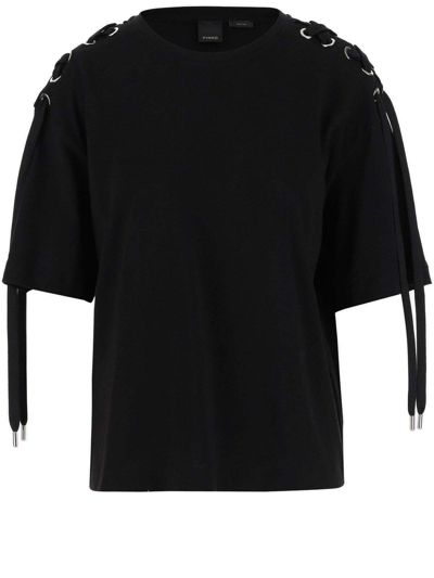 Shop Pinko Crewneck Lace-up T-shirt In Black