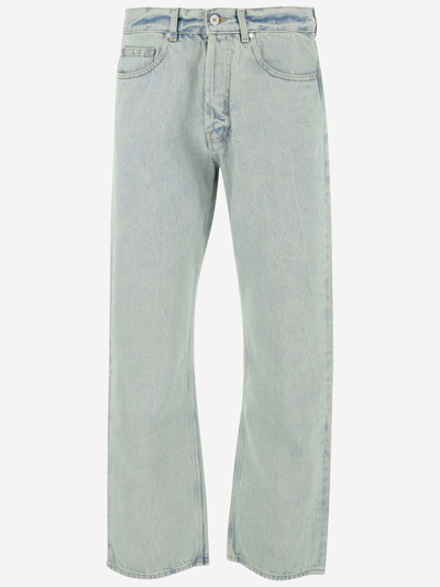 Shop Palm Angels Cotton Denim Jeans In Mint Off White