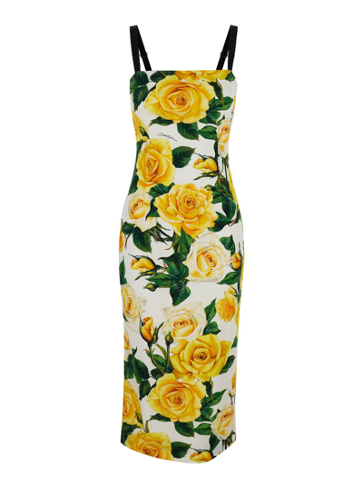 Shop Dolce & Gabbana Yellow Midi Dress With All-over Flower Print In Silk Blend Woman In Bianco