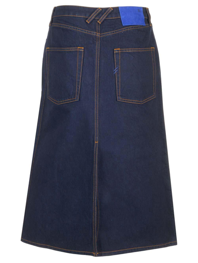 Shop Burberry Japanese Front-slit Denim Midi Skirt In Blu