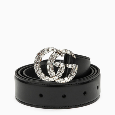 Shop Gucci Black Belt With Double Gg Buckle With Crystals