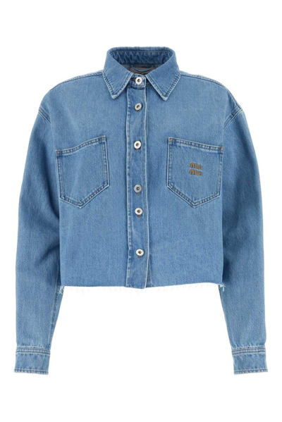 Shop Miu Miu Cropped Raw-cut Hem Denim Jacket In Azzuro
