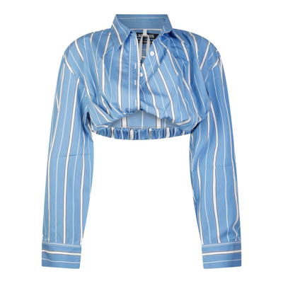 Shop Jacquemus Striped Cropped Long Sleeve Shirt In Blu