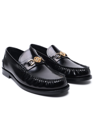 Shop Versace Black Leather Loafers In Nero