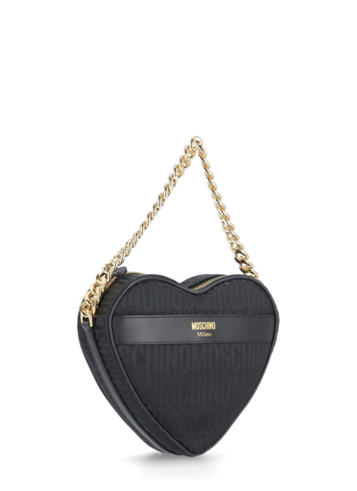 Shop Moschino Jacquard Logo Heart Shoulder Bag In Black