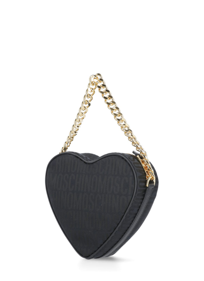 Shop Moschino Jacquard Logo Heart Shoulder Bag In Black