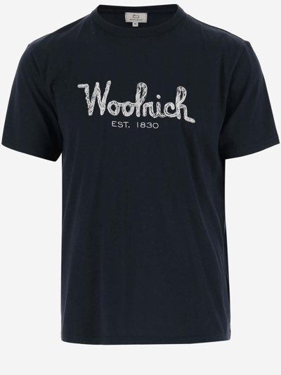 Shop Woolrich Cotton T-shirt With Logo In Melton Blu