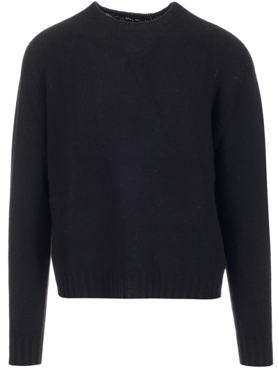 Shop Palm Angels Black Wool Sweater With White Curved Logo On The Back In Nero