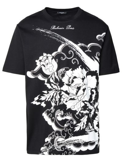 Shop Balmain Black Cotton T-shirt In Noir/blanc