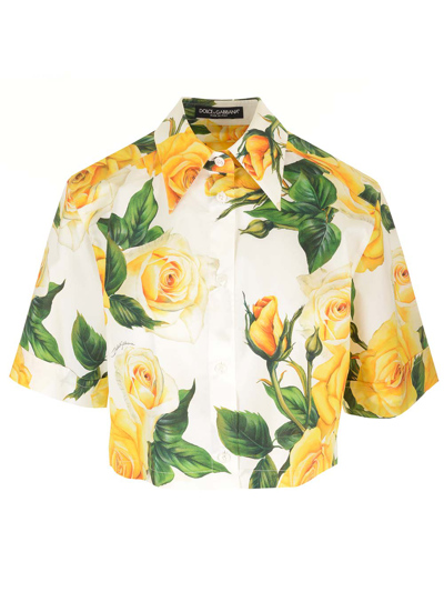 Shop Dolce & Gabbana Roses Print Cropped Shirt In Giallo
