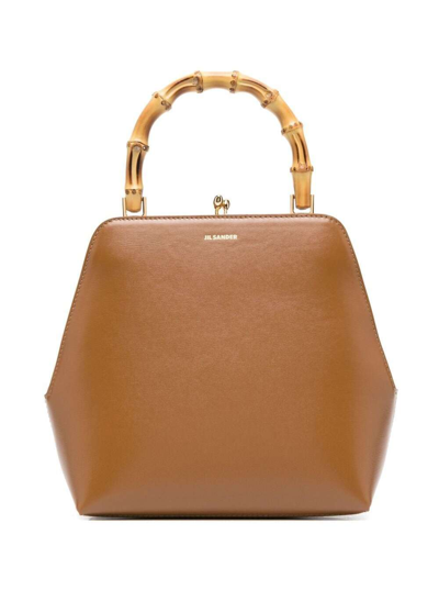 Shop Jil Sander Brown Goji Square Handbag With Bamboo Handle In Leather Woman In Cammello