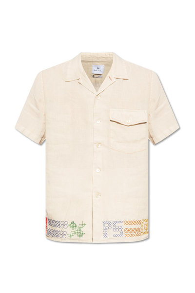Shop Paul Smith Linen Shirt With Short Sleeves In Beige