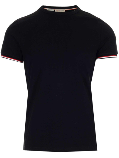 Shop Moncler Striped Trim Crewneck T-shirt In Black