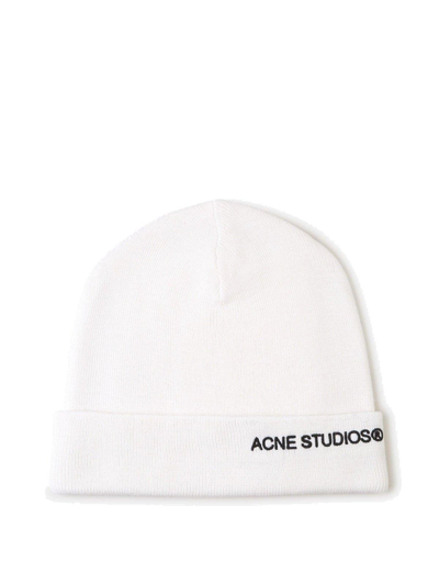 Shop Acne Studios Logo Embroidered Ribbed Beanie In Aeg Off White