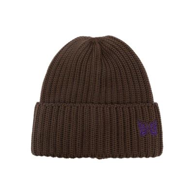 Shop Needles Butterfly Logo Embroidered Knitted Beanie In Brown