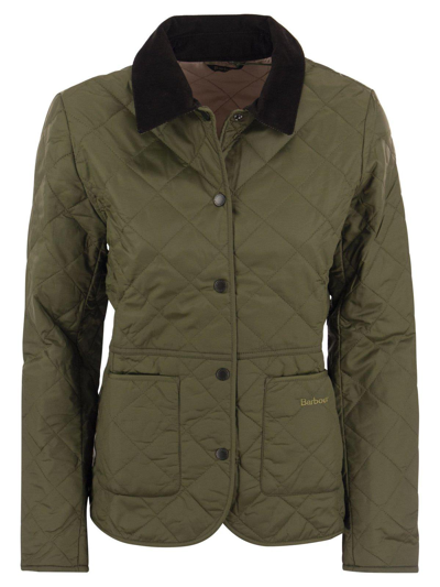 Shop Barbour Deveron Quilted Buttoned Jacket In Olive/pale Pink
