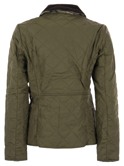Shop Barbour Deveron Quilted Buttoned Jacket In Olive/pale Pink