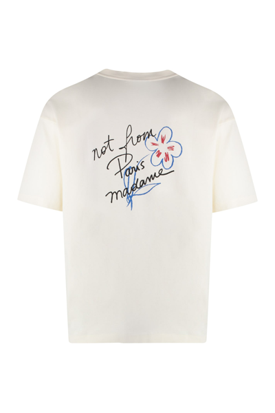 Shop Drôle De Monsieur Slogan Esquisse Cotton Crew-neck T-shirt In Cream