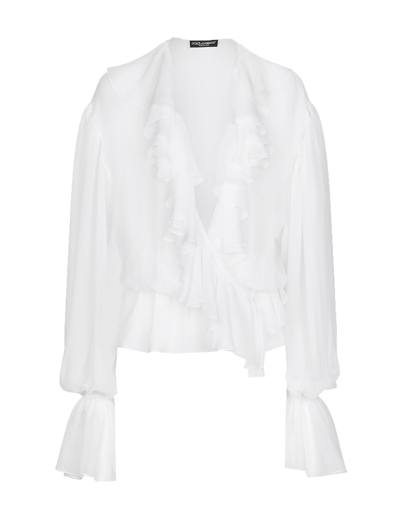 Shop Dolce & Gabbana Chiffon Blouse With Ruffles In Bianco