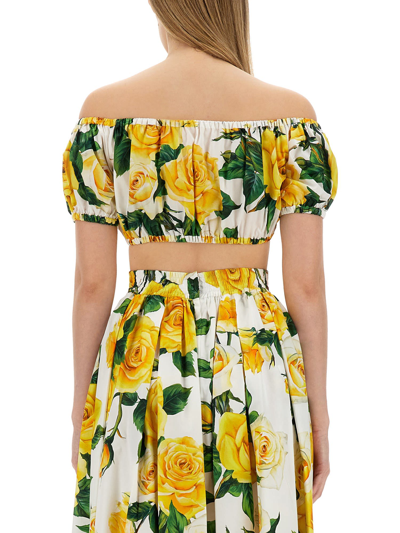 Shop Dolce & Gabbana Crop Top With Floral Print In Vo Bianco Giallo