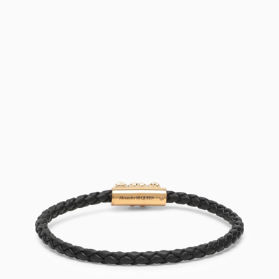 Shop Alexander Mcqueen Seal Black\/gold Leather Logo Bracelet