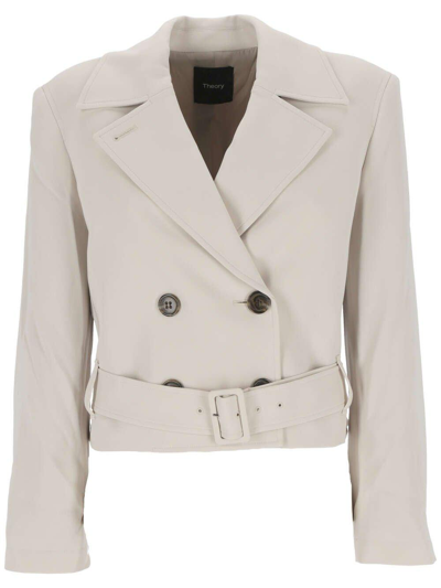 Shop Theory Double-breasted Belted Cropped Coat In Neutrals