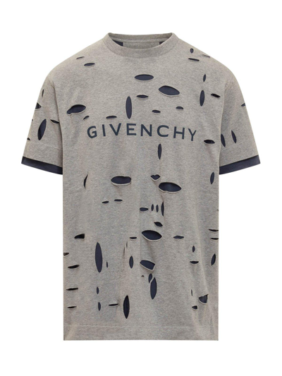 Shop Givenchy Distressed Crewneck T-shirt In Grey/blue