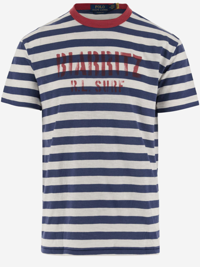 Shop Ralph Lauren Cotton T-shirt With Striped Pattern And Logo In Blue/white