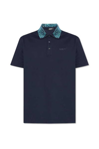 Shop Versace Glass Embellished Short-sleeved Polo Shirt In Blue