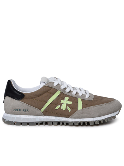 Shop Premiata Sean Brown Leather And Fabric Sneakers In Beige