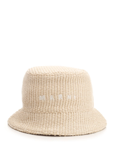 Shop Marni Logo Embroidered Woven Hat In Shell